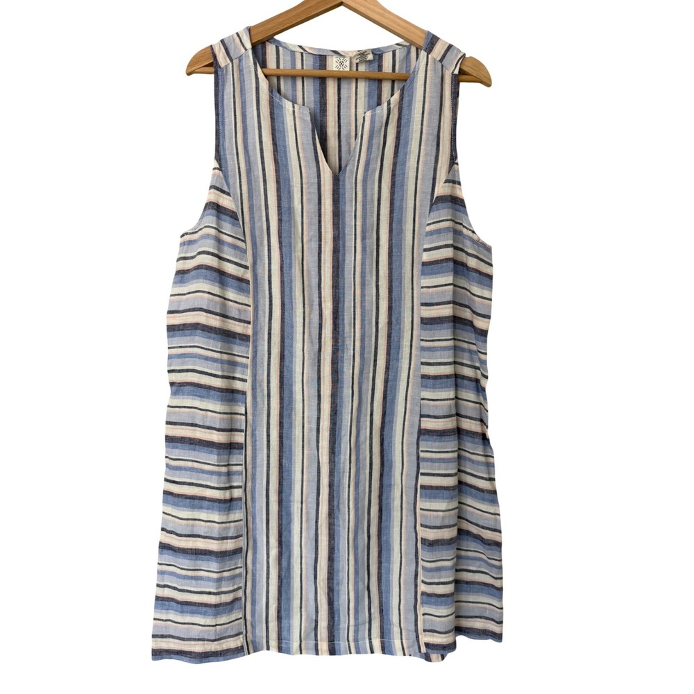 Artisan NY 100% Linen Striped Sleeveless V-Neck Shift Dress Blue Pink White L